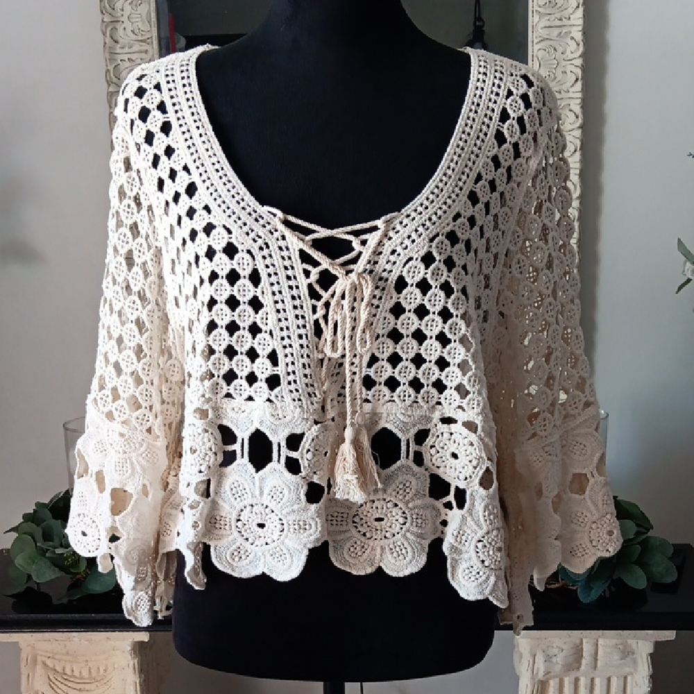 Cream Crochet Cover Up Laced Tie Top